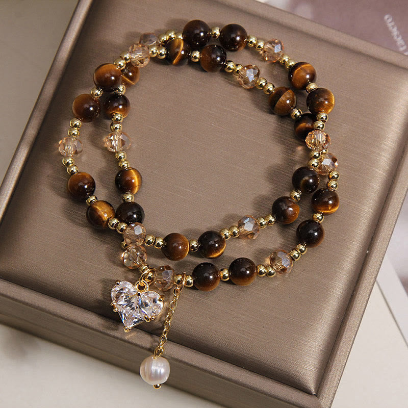 Fortune Jewel Natural Tiger Eye Love Heart Double Wrap Protection Bracelet