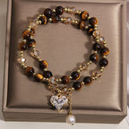 Fortune Jewel Natural Tiger Eye Love Heart Double Wrap Protection Bracelet