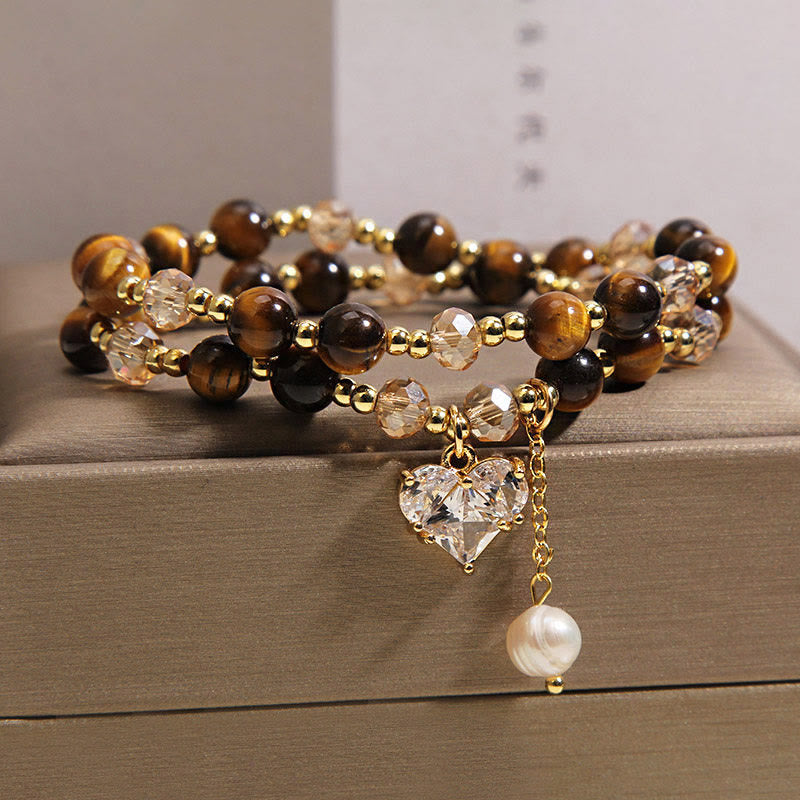 Fortune Jewel Natural Tiger Eye Love Heart Double Wrap Protection Bracelet