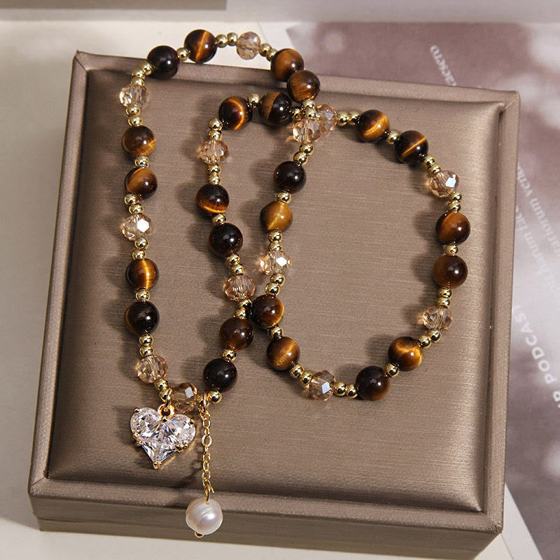 Fortune Jewel Natural Tiger Eye Love Heart Double Wrap Protection Bracelet