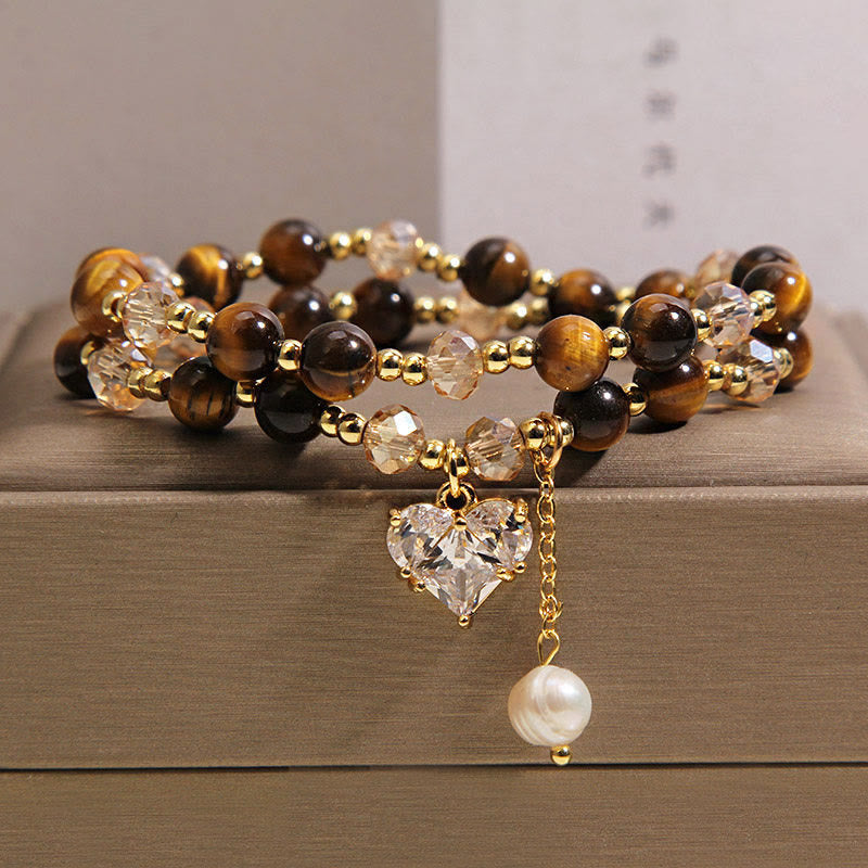 Fortune Jewel Natural Tiger Eye Love Heart Double Wrap Protection Bracelet