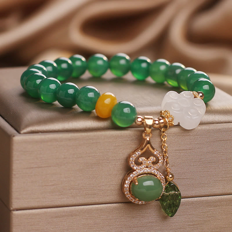 Fortune Jewel Green Agate White Jade Flower Gourd Leaf Charm Support Bracelet