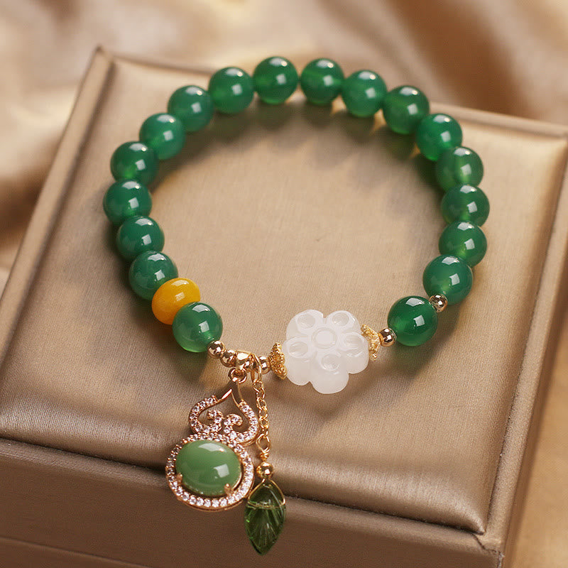 Fortune Jewel Green Agate White Jade Flower Gourd Leaf Charm Support Bracelet