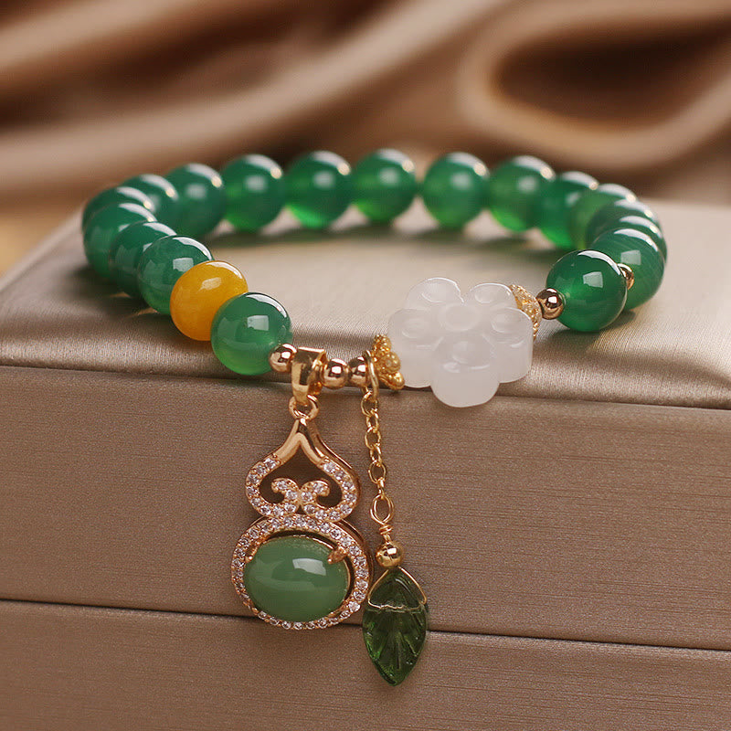 Fortune Jewel Green Agate White Jade Flower Gourd Leaf Charm Support Bracelet