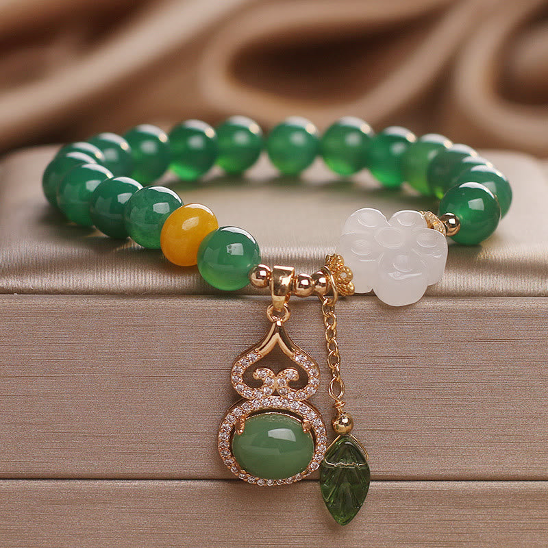 Fortune Jewel Green Agate White Jade Flower Gourd Leaf Charm Support Bracelet