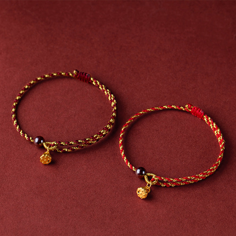 Fortune Jewel Handcrafted Red Gold Rope Lotus Peace And Joy Charm Braid Bracelet