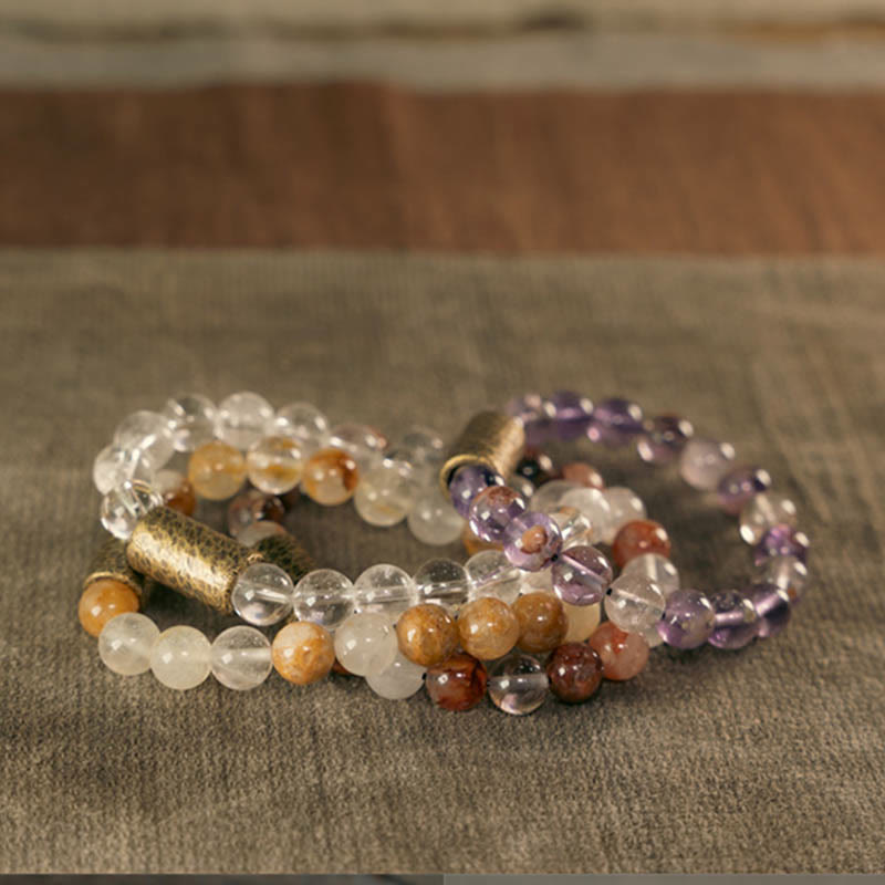 Fortune Jewel White Crystal Red Hematoid Quartz Gold Rutilated Quartz Purple Phantom Protection Bracelet