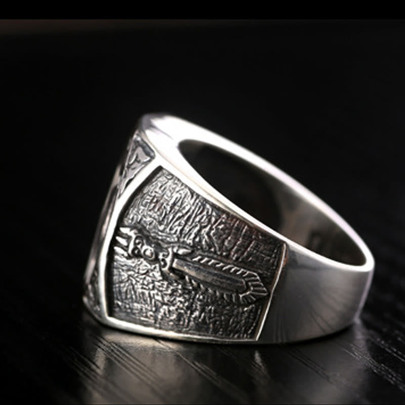 Fortune Jewel 925 Sterling Silver Sanskrit Design Carved Protection Adjustable Ring