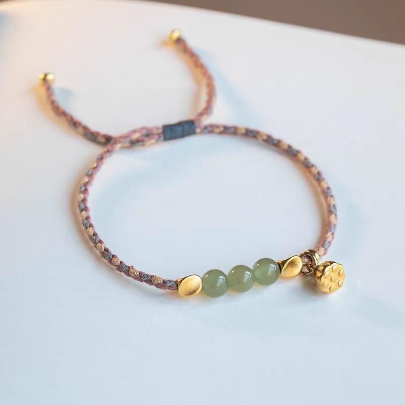 Fortune Jewel Handcrafted Hetian Jade Lotus Charm Luck Braided Bracelet