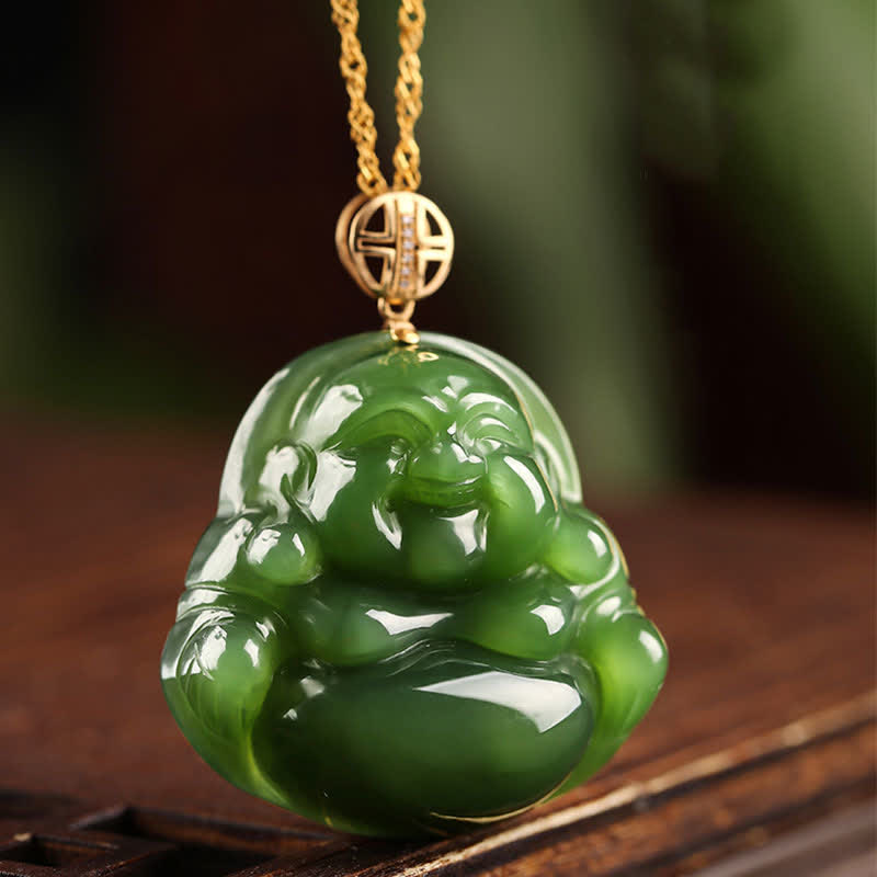 Fortune Jewel 925 Sterling Silver Laughing Buddha Hetian Cyan Jade 18K Gold Success Necklace Chain Pendant Fortune Jewel
