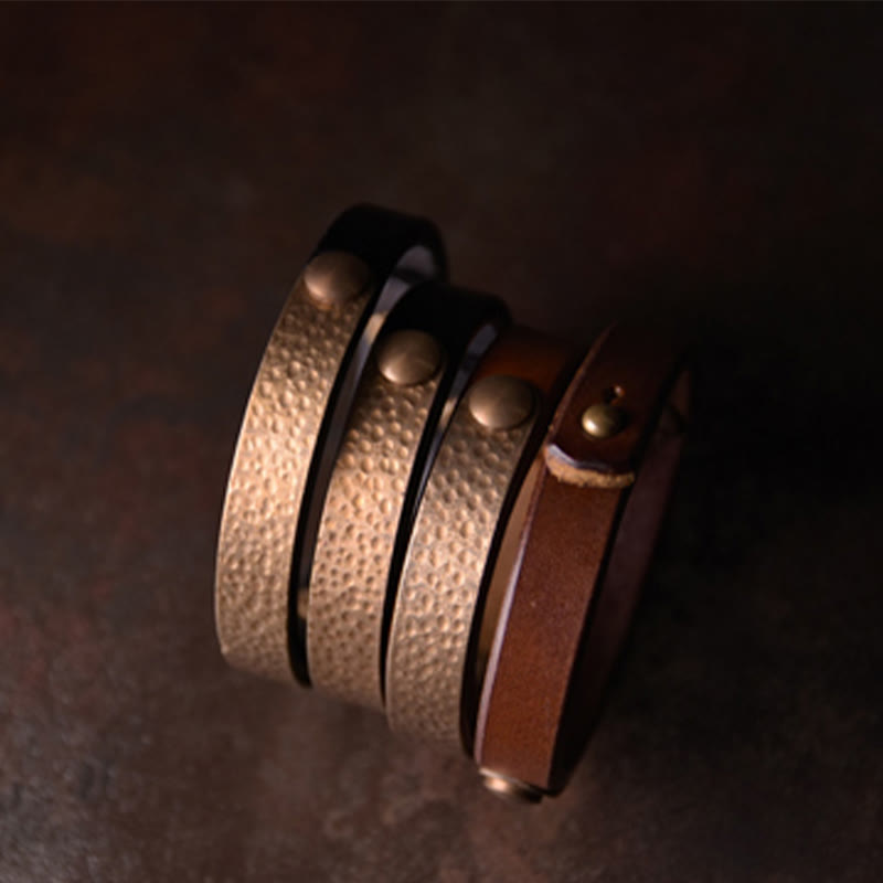 Fortune Jewel Vintage Handmade Texture Copper Brass Leather Wealth Bracelet Bangle