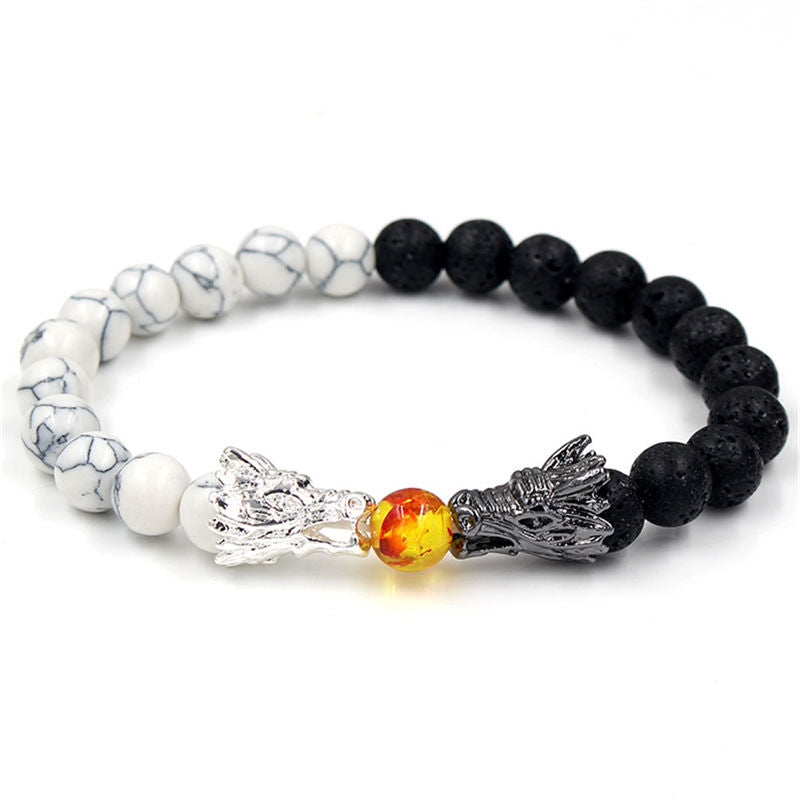 Fortune Jewel White Turquoise Lava Rock Dragon Blessing Beaded Bracelet