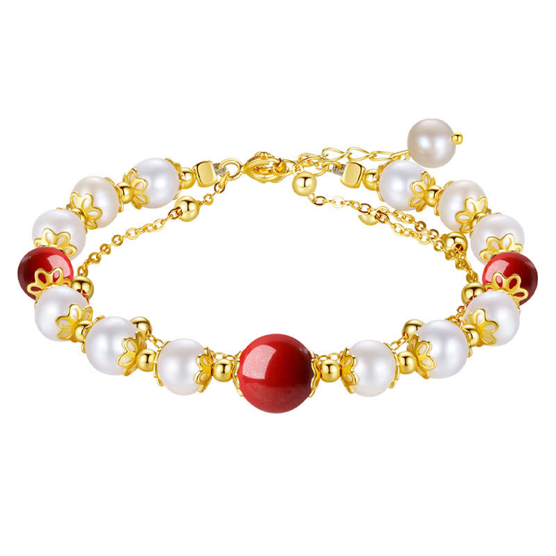 Fortune Jewel 925 Sterling Silver Pearl Cinnabar Wisdom Bead Double Layer Chain Bracelet