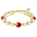 Fortune Jewel 925 Sterling Silver Pearl Cinnabar Wisdom Bead Double Layer Chain Bracelet