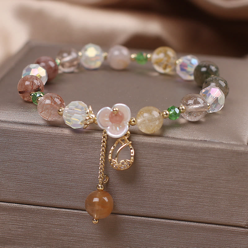Fortune Jewel Strawberry Quartz Rutilated Quartz Fluorite Flower Healing Bracelet