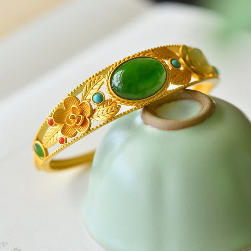 Fortune Jewel Cyan Jade White Jade Flower Leaf Harmony Luck Bracelet Bangle