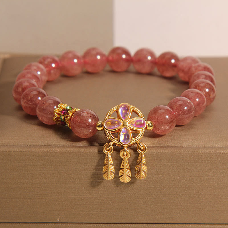 Fortune Jewel Natural Strawberry Quartz Four Leaf Clover Dreamcatcher Charm Love Bracelet