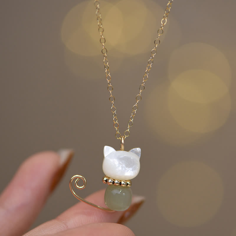 Fortune Jewel 14K Gold Plated Pearl Hetian Jade Shell Luck Cat Kitten Necklace Pendant