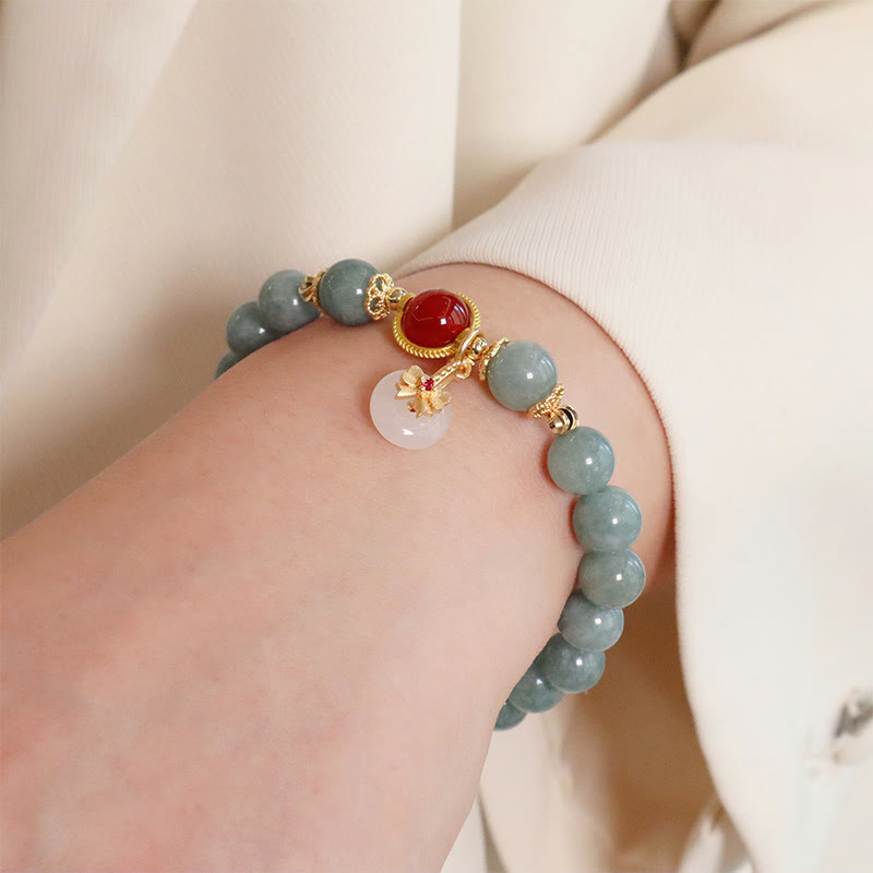 Fortune Jewel Natural Jade Red Agate Pearl Bow Tie Luck Bracelet