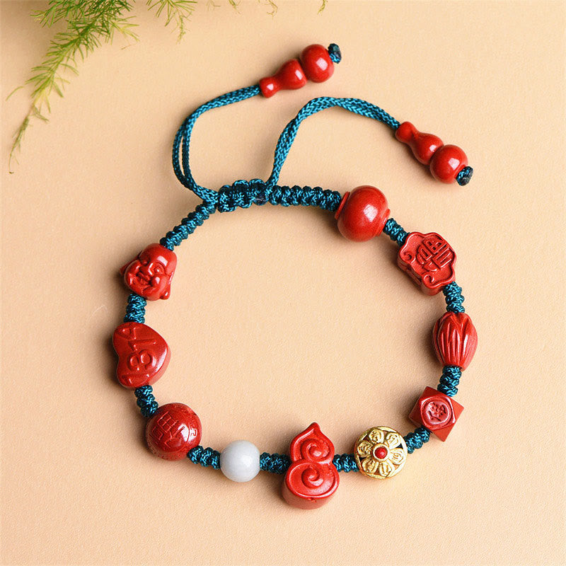 Fortune Jewel Natural Cinnabar Gourd Om Mani Padme Hum Laughing Buddha Blessing String Bracelet