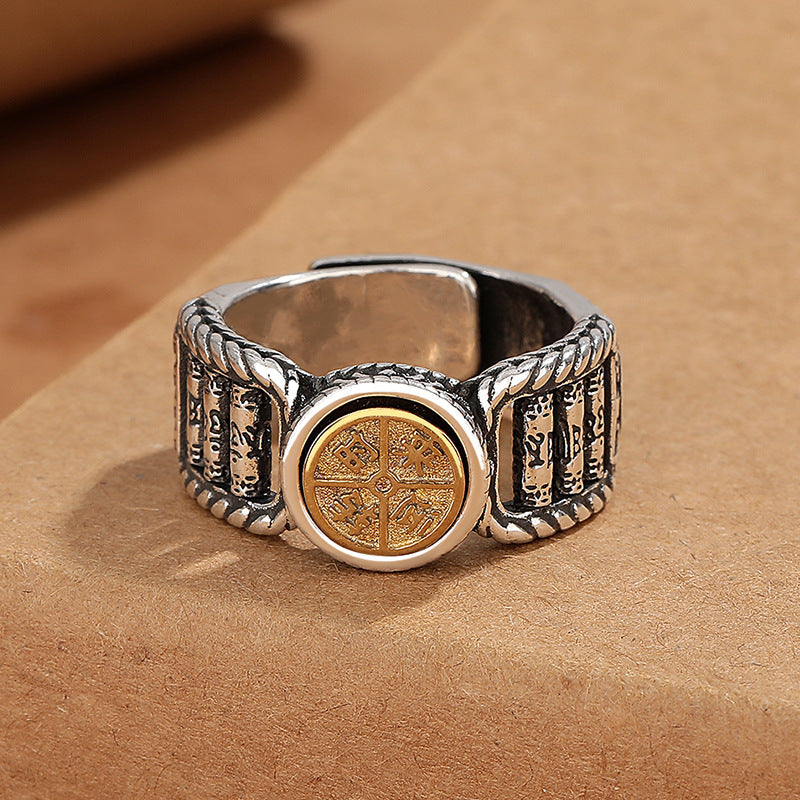 Fortune Jewel Tibetan Om Mani Padme Hum Carved Design Copper Coin Purity Rotatable Ring