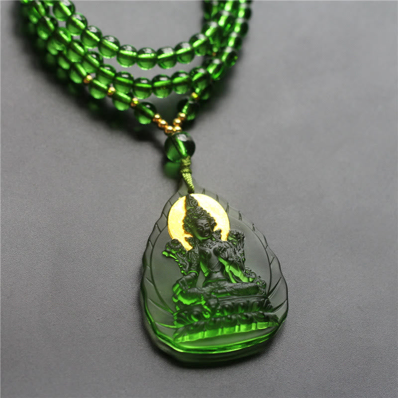 Fortune Jewel Tibetan Green Tara Buddha Gold Plated Liuli Crystal Protection Necklace Pendant Fortune Jewel