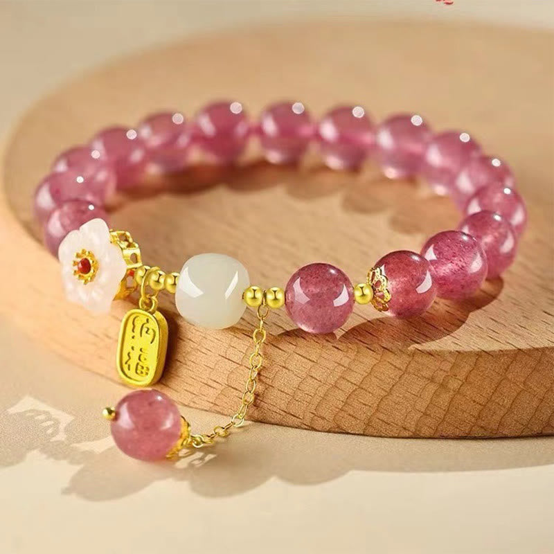Fortune Jewel Strawberry Quartz Fu Character Pink Crystal Healing Bracelet