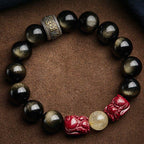Fortune Jewel Gold Sheen Obsidian PiXiu Cinnabar Om Mani Padme Hum Protection Bracelet