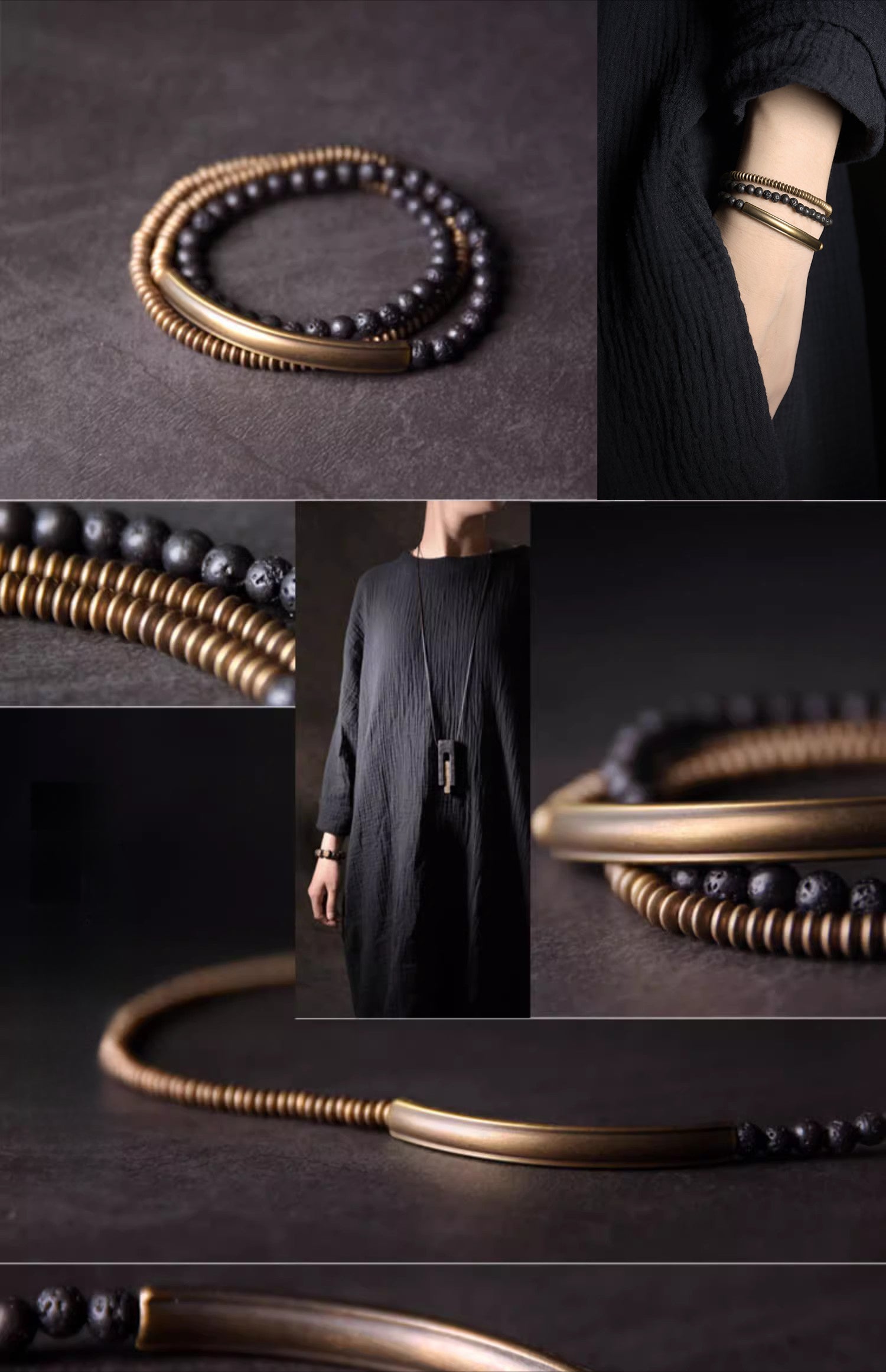 Multi-Layer Lava Stone & Brass Couple Bracelet for Grounding & Passion