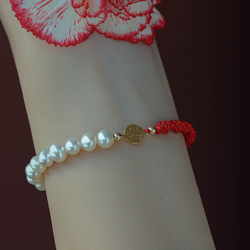 Fortune Jewel 14K Gold Plated Pearl Bead Luck Protection Braid Red String Bracelet