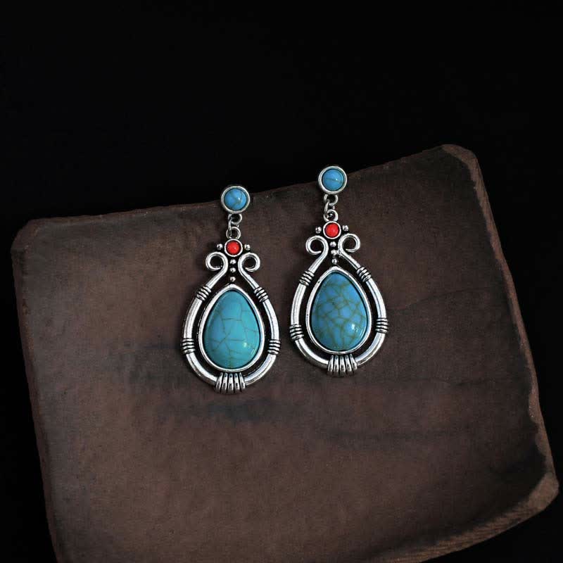 Fortune Jewel Tibet Vintage Turquoise Waterdrop Strength Drop Dangle Earrings Clips