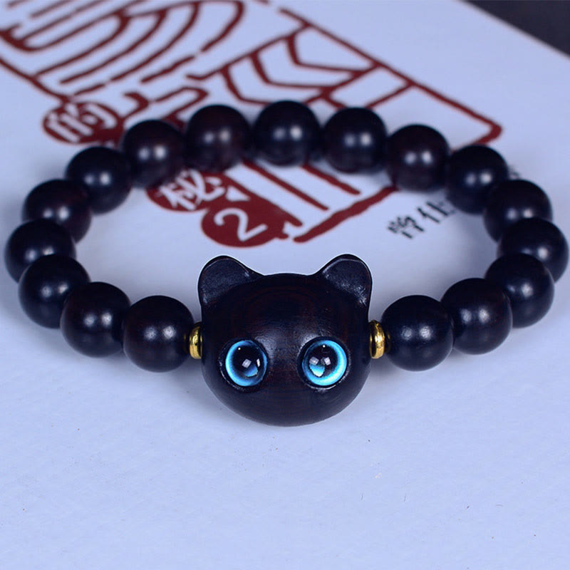 Fortune Jewel Ebony Wood Liuli Glass Lovely Cat Peace Balance Bracelet