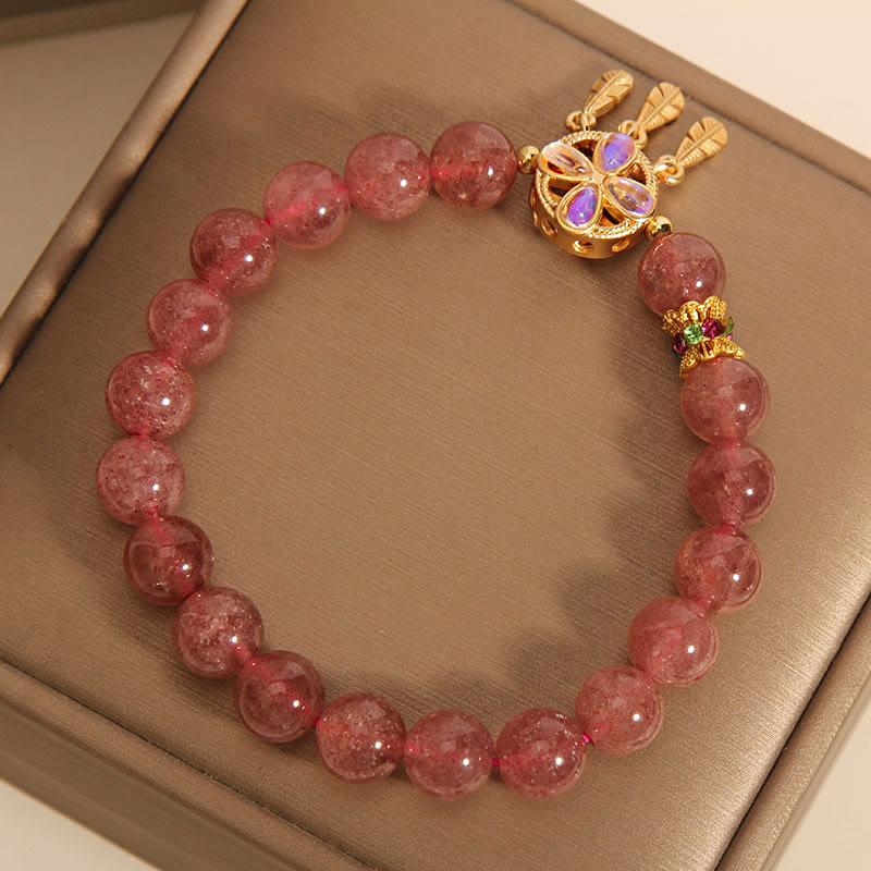 Fortune Jewel Natural Strawberry Quartz Four Leaf Clover Dreamcatcher Charm Love Bracelet
