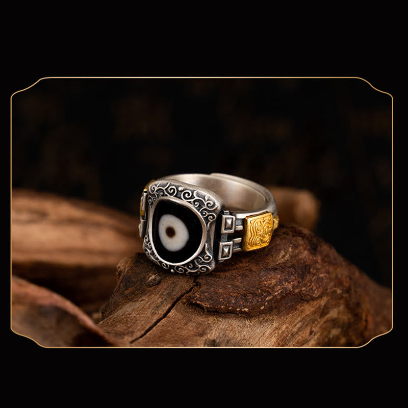 Fortune Jewel 925 Sterling Silver Zakiram Goddess of Wealth Design Dzi Bead Protection Ring