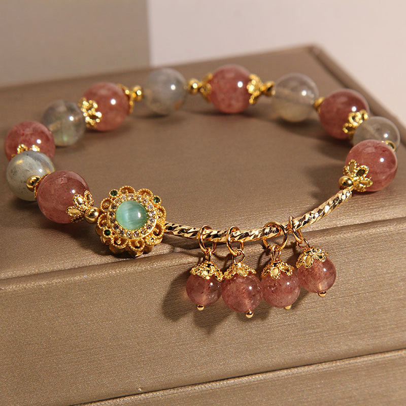 Fortune Jewel Strawberry Quartz Moonstone Healing Tassel Charm Bracelet