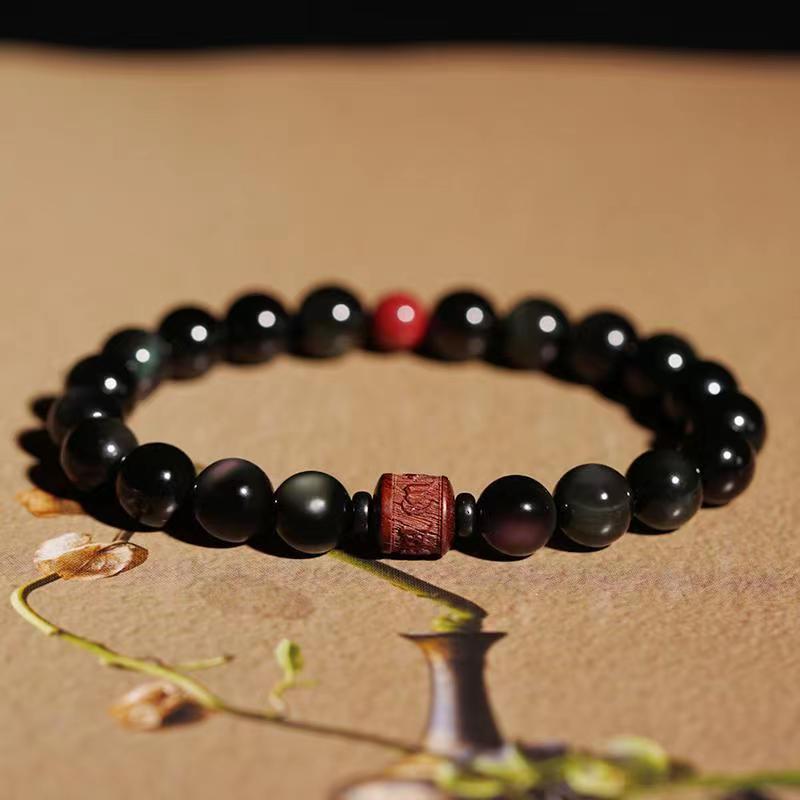 Fortune Jewel Natural Gold Sheen Obsidian Rainbow Obsidian Om Mani Padme Hum Fu Character Healing Bracelet