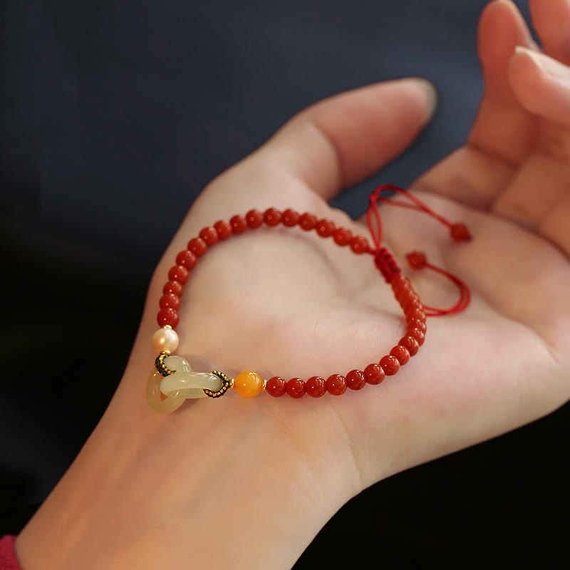 Fortune Jewel Natural Red Agate Hetian Jade Double Peace Buckle Confidence Bracelet