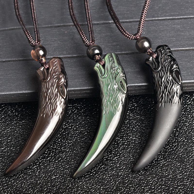 Fortune Jewel Natural Black Obsidian Ice Obsidian Rainbow Obsidian Wolf Tooth Pattern Strength Necklace Pendant