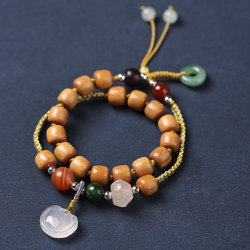 Fortune Jewel Green Sandalwood Chalcedony Peace Buckle Charm Soothing Double Wrap Bracelet