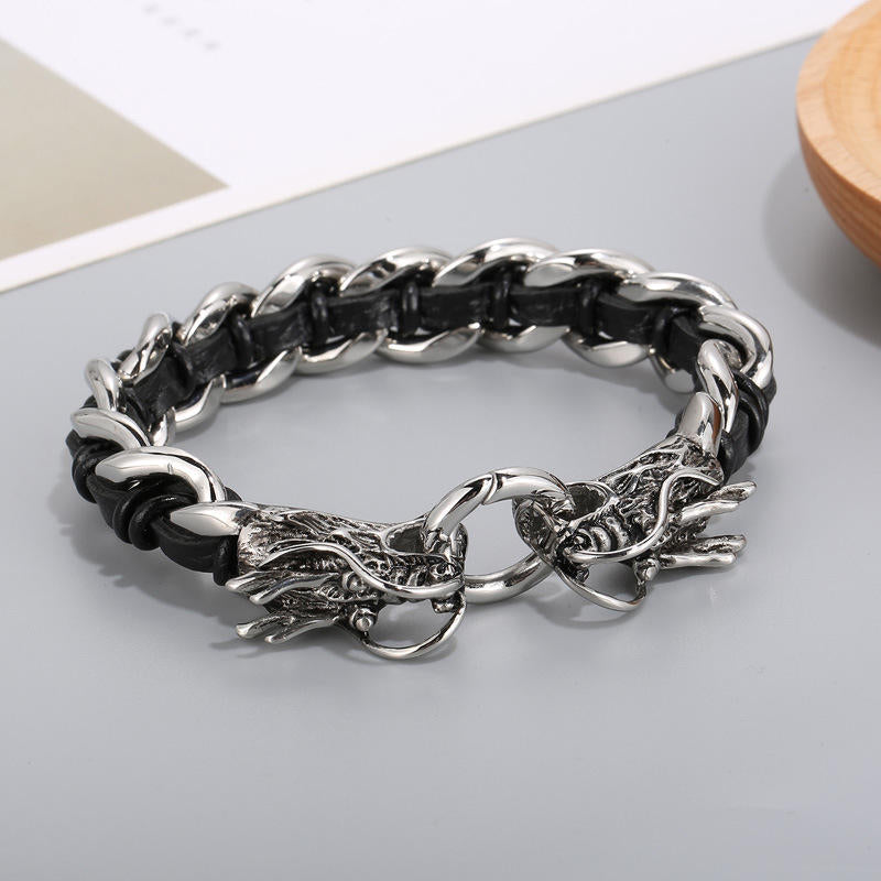 Fortune Jewel Dragon Leather Titanium Steel Protection Luck Braided Bracelet Fortune Jewel