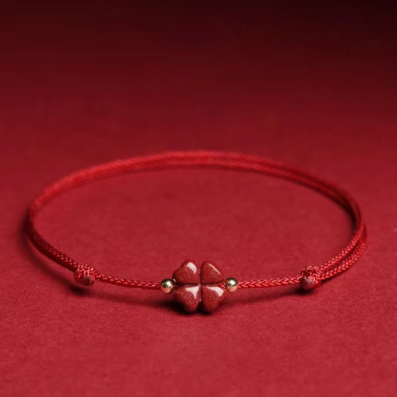 Fortune Jewel Natural Cinnabar Four Leaf Clover Blessing Red String Bracelet Anklet