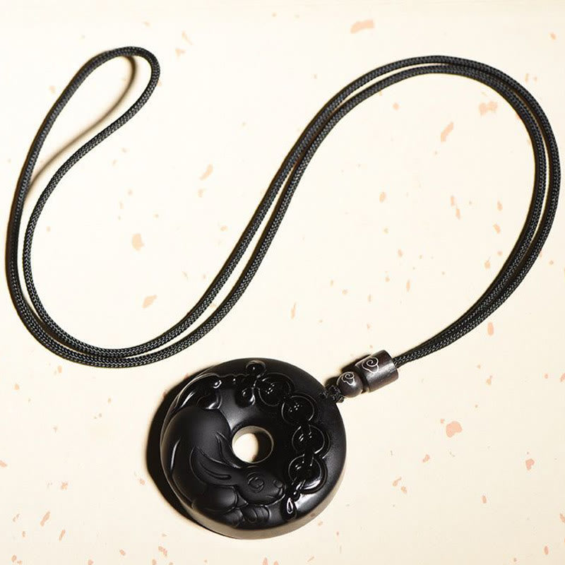 Fortune Jewel Chinese Zodiac Natural Black Obsidian Peace Buckle Strength Necklace Pendant