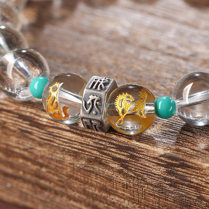 Fortune Jewel 925 Sterling Silver Chinese Zodiac Natal Buddha Auspicious Groups White Crystal Hetian Jade Healing Bracelet