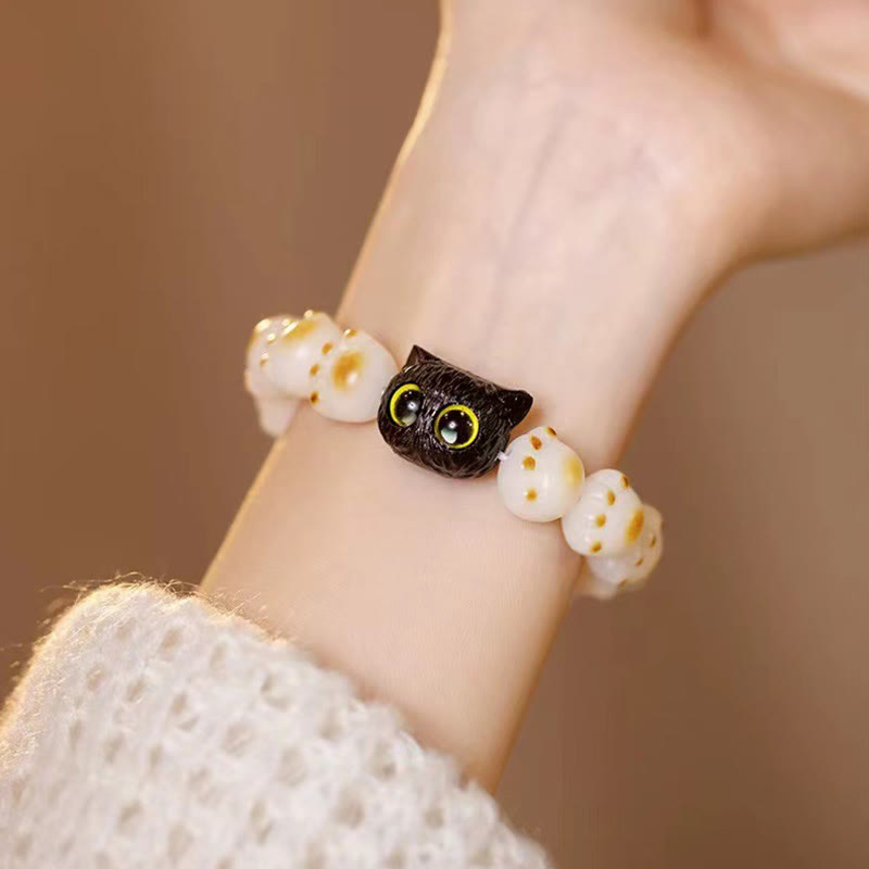 Fortune Jewel Natural Bodhi Seed Red Sandalwood Lovely Paw Lucky Cat Peace Bracelet