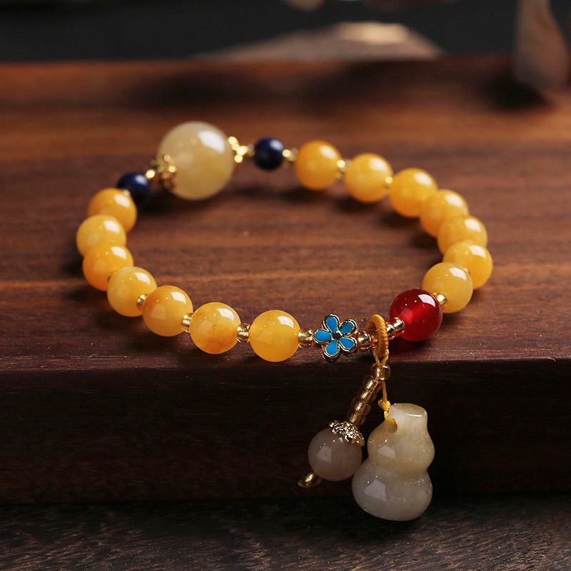 Fortune Jewel Natural Golden Silk Jade Gourd Charm Wealth Luck Bracelet