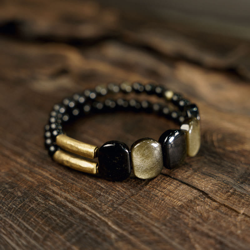 Fortune Jewel Black Obsidian Gold Sheen Obsidian Strengthen Bracelet