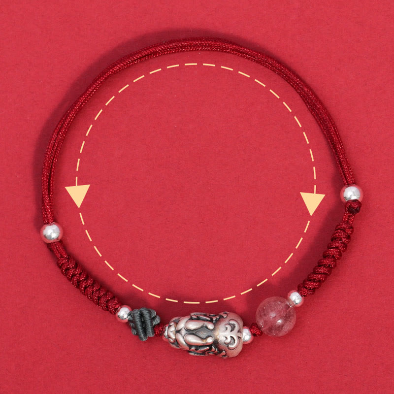 Fortune Jewel 999 Sterling Silver PiXiu Strawberry Quartz Bead Wealth Luck Braided Bracelet