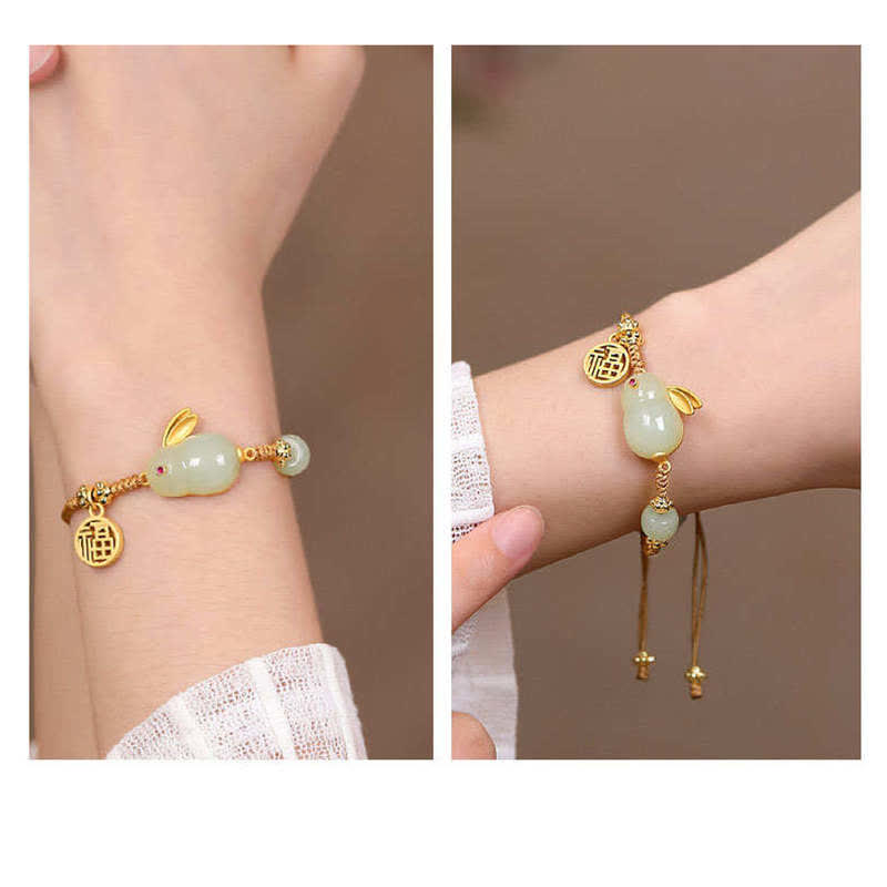 Fortune Jewel Year of the Rabbit Hetian Jade Happiness Blessing Wealth String Bracelet
