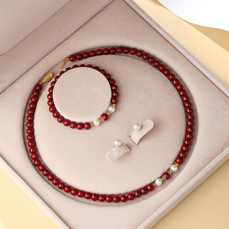 Fortune Jewel 925 Sterling Silver Natural Cinnabar Pearl Blessing Necklace Pendant Bracelet Earrings Jewelry Set
