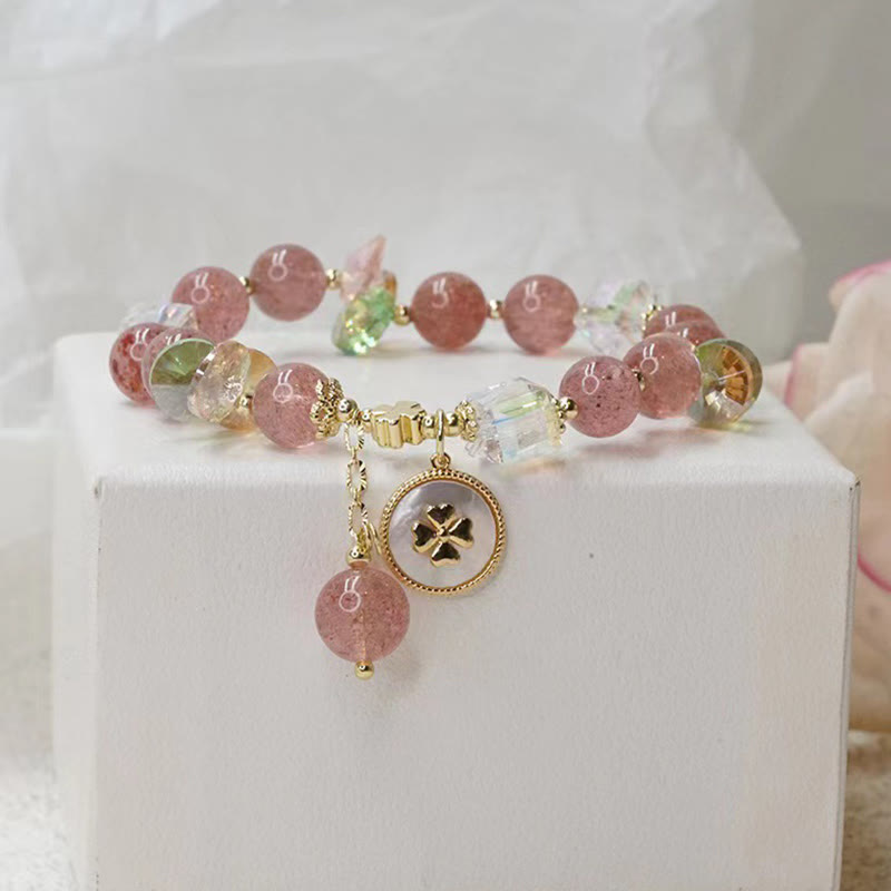 Fortune Jewel Strawberry Quartz Lucky Four Leaf Clover Healing Charm Bracelet